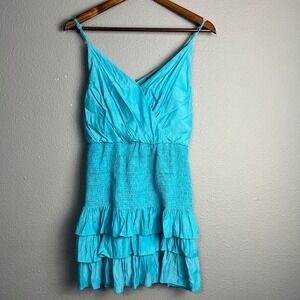 DO+BE Turquoise Mini Dress Spaghetti Strap Ruffle‎ Tiered Smocked Casual Party S